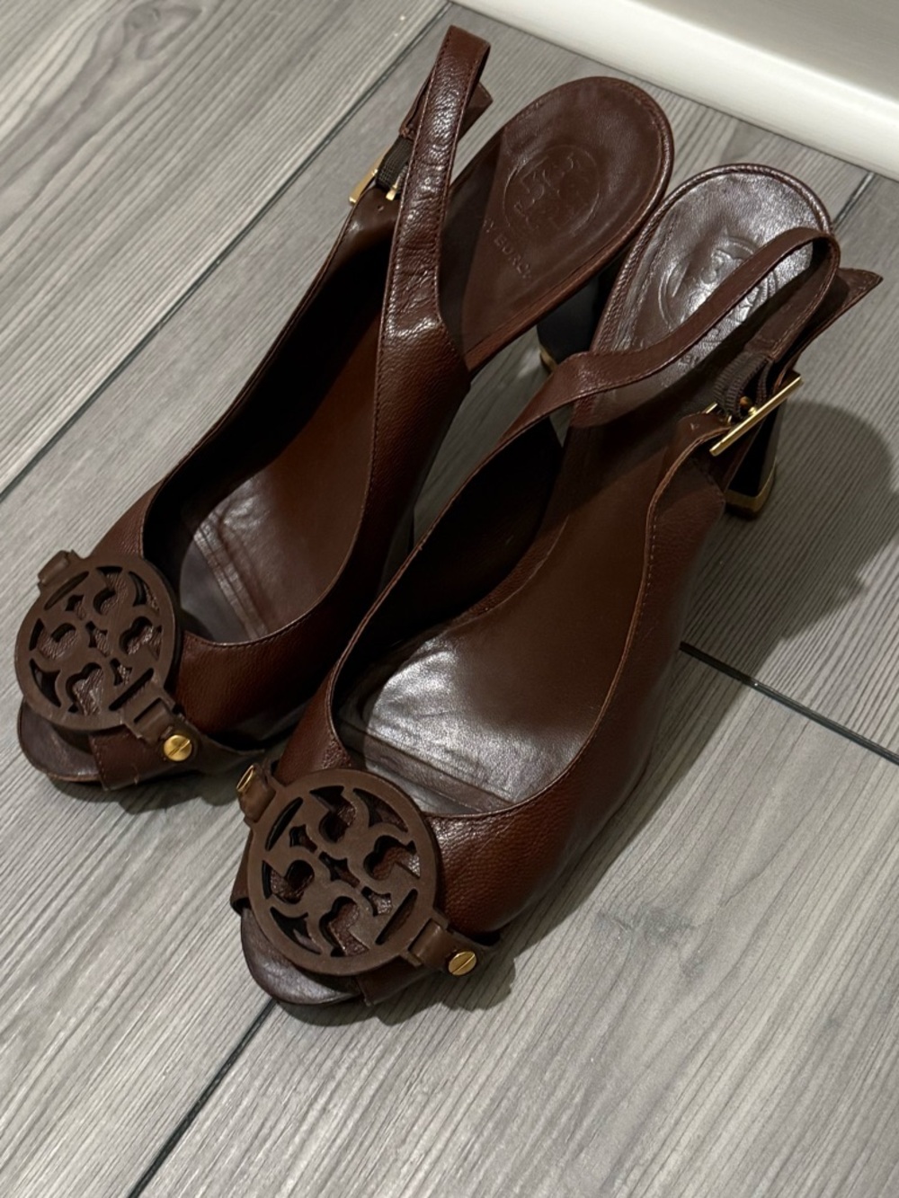 Tory Burch Classic Brown Leather Peep-Toe Slingback Heels
